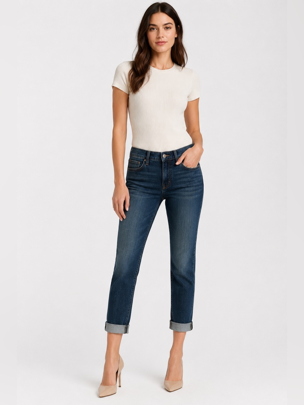 Paige Kylie Crop Dark Wash Straight Leg Jeans Size 27 Cuffed Hem Minimalist
